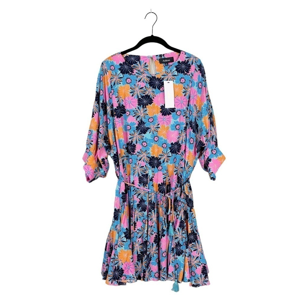 NWT Aakaa Pink Blue Floral Dolman Sleeve Mini Dress Tie Waist Women's Size Small